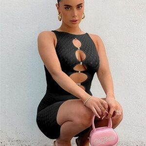 Women's Black Sexy Sheer Mesh Sleeveless Bodycon Cutout Romper